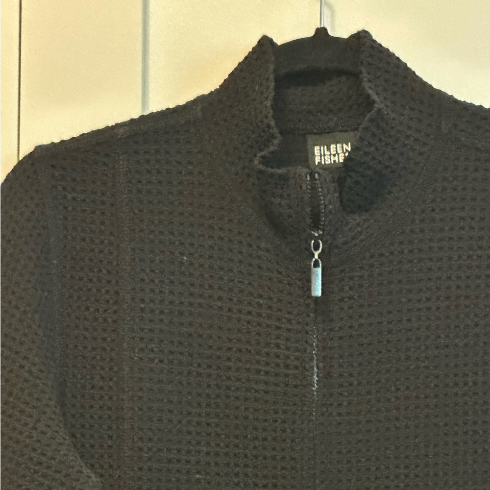 EILEEN FISHER Cardigan Black Waffle Knit Zip Pockets Long Sleeve Sz S